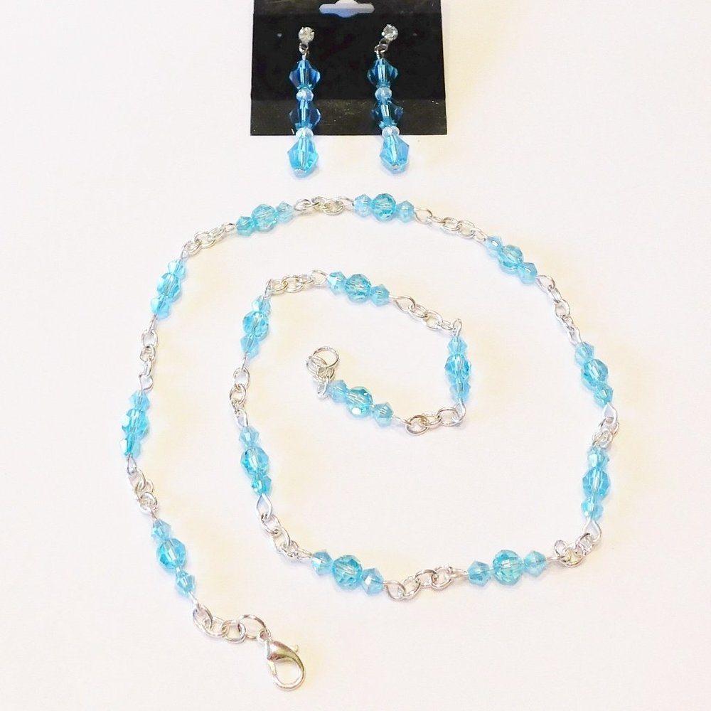 Handmade Silver & Blue Beaded Necklace & Matching Earrings - 20"